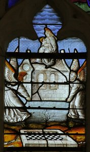 Vidriera que representa la Leyenda de Nuestra Señora de Loreto: la Casa de la Virgen es transportada milagrosamente por Ángeles de French School